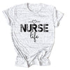 Nurse Life Leopard Heart T-Shirt in Graphite Gray (black font), front view, flat lay on a plain background