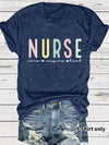 Nurse Care, Inspire, Heal T-Shirt in Royal Blue, front view on a model, tucked into denim shorts