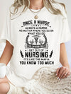Once a Nurse, Always a Nurse: It's Like the Mafia T-Shirt in White, stacked lettering with a caduceus across the chest