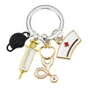 Medical Charm Keychain, Nurse Cap & Stethoscope in Black, face mask charm on a split ring, front view