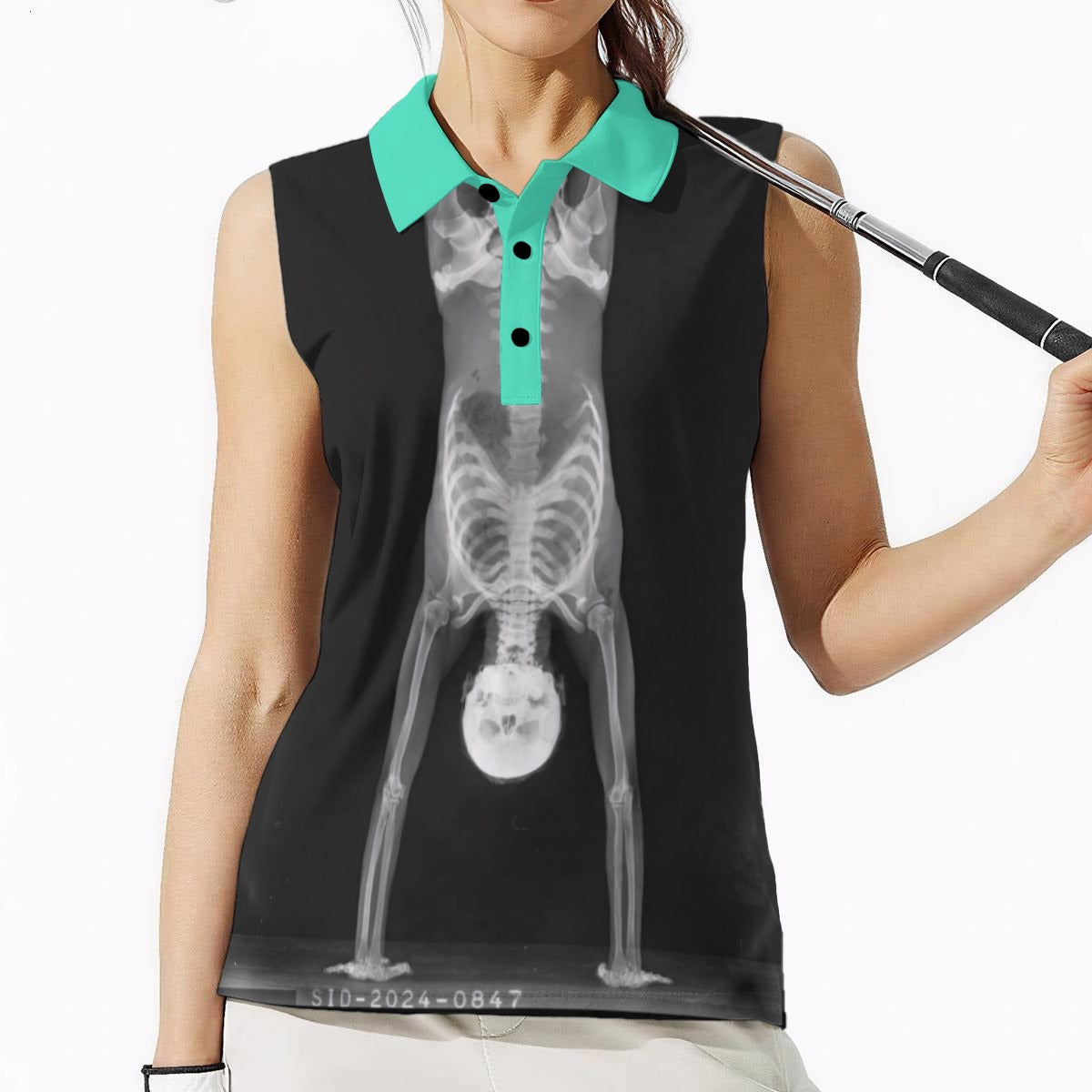 Head Over Heels sleeveless polo, close front view of the contrast collar and three-button placket over the ribs and skull of the handstand X-ray