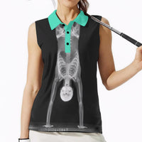 Head Over Heels sleeveless polo, close front view of the contrast collar and three-button placket over the ribs and skull of the handstand X-ray