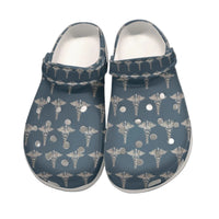 Medical Caduceus Women's Classic Clogs seen from above as a pair, the caduceus pattern across both vamps and the ventilation holes punched through it