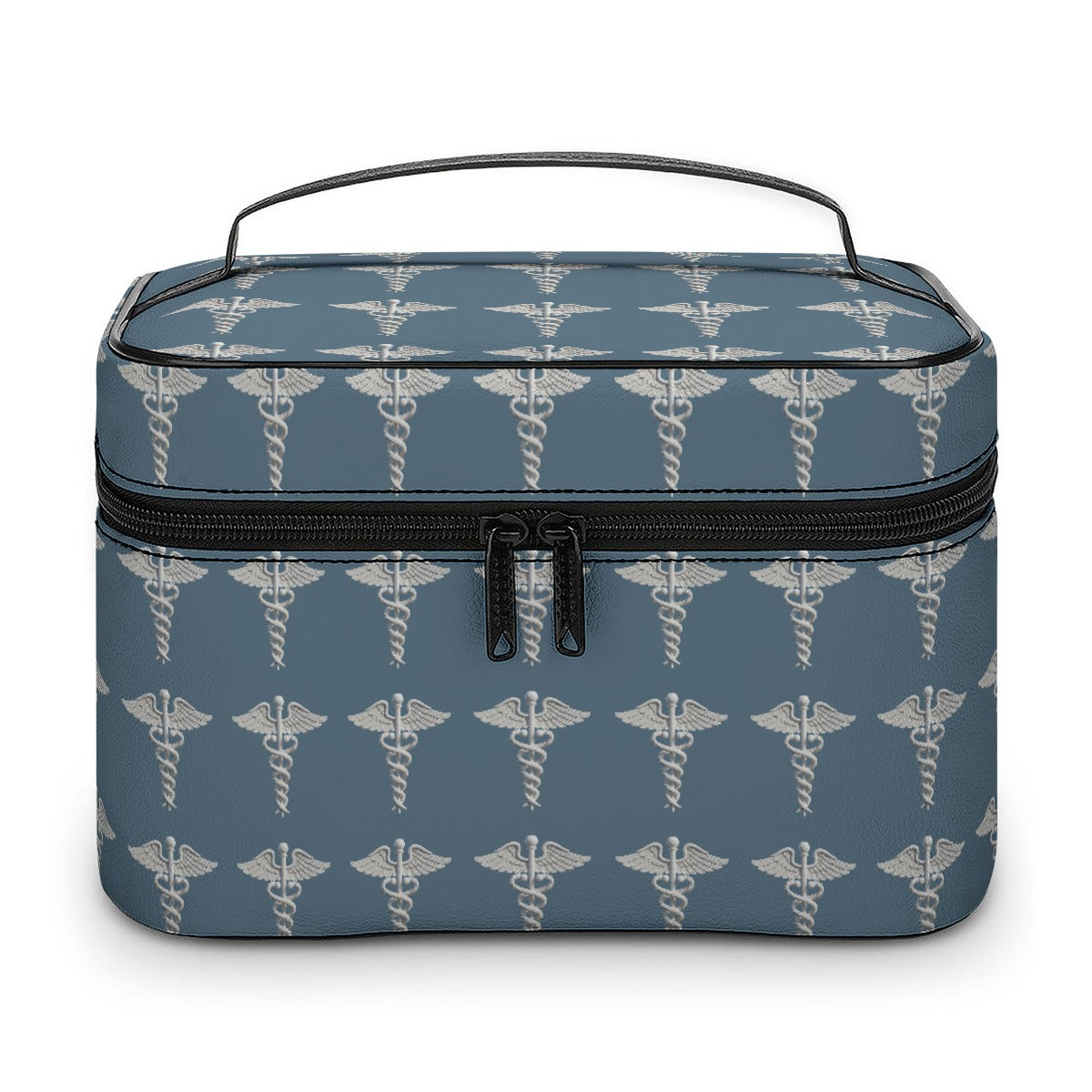 Medical Caduceus Toiletry Bag seen straight on from the front, showing the twin zipper pulls and the caduceus pattern across the structured body