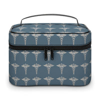 Medical Caduceus Toiletry Bag seen straight on from the front, showing the twin zipper pulls and the caduceus pattern across the structured body