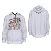 White Sleep Safe Stay With a Nurse pullover hoodie, front and back flat lay