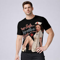Black Sleep Safe Stay With a Nurse men's stretch tee, front view of the all-over print