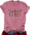 Registered Nurse Hearts T-Shirt in Dark Red, front view on a model, tucked into jeans