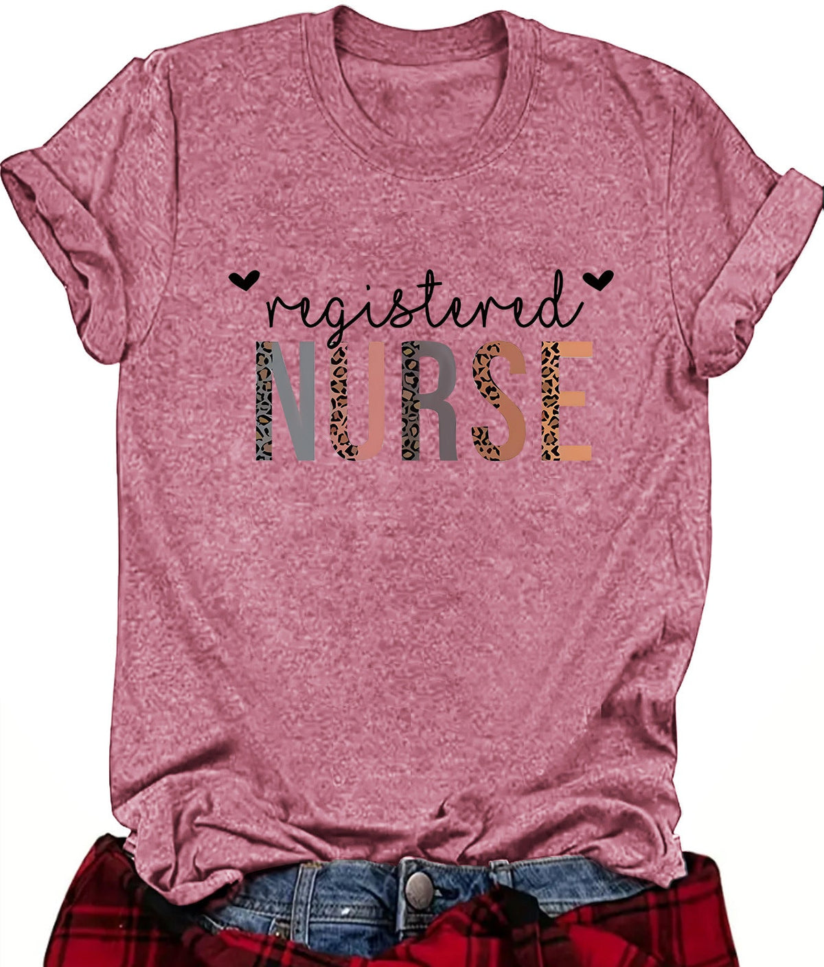 Registered Nurse Hearts T-Shirt in Dark Red, front view on a model, tucked into jeans