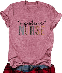 Registered Nurse Hearts T-Shirt in Dark Red, front view on a model, tucked into jeans