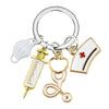 Medical Charm Keychain, Nurse Cap & Stethoscope in White, face mask charm on a split ring, front view