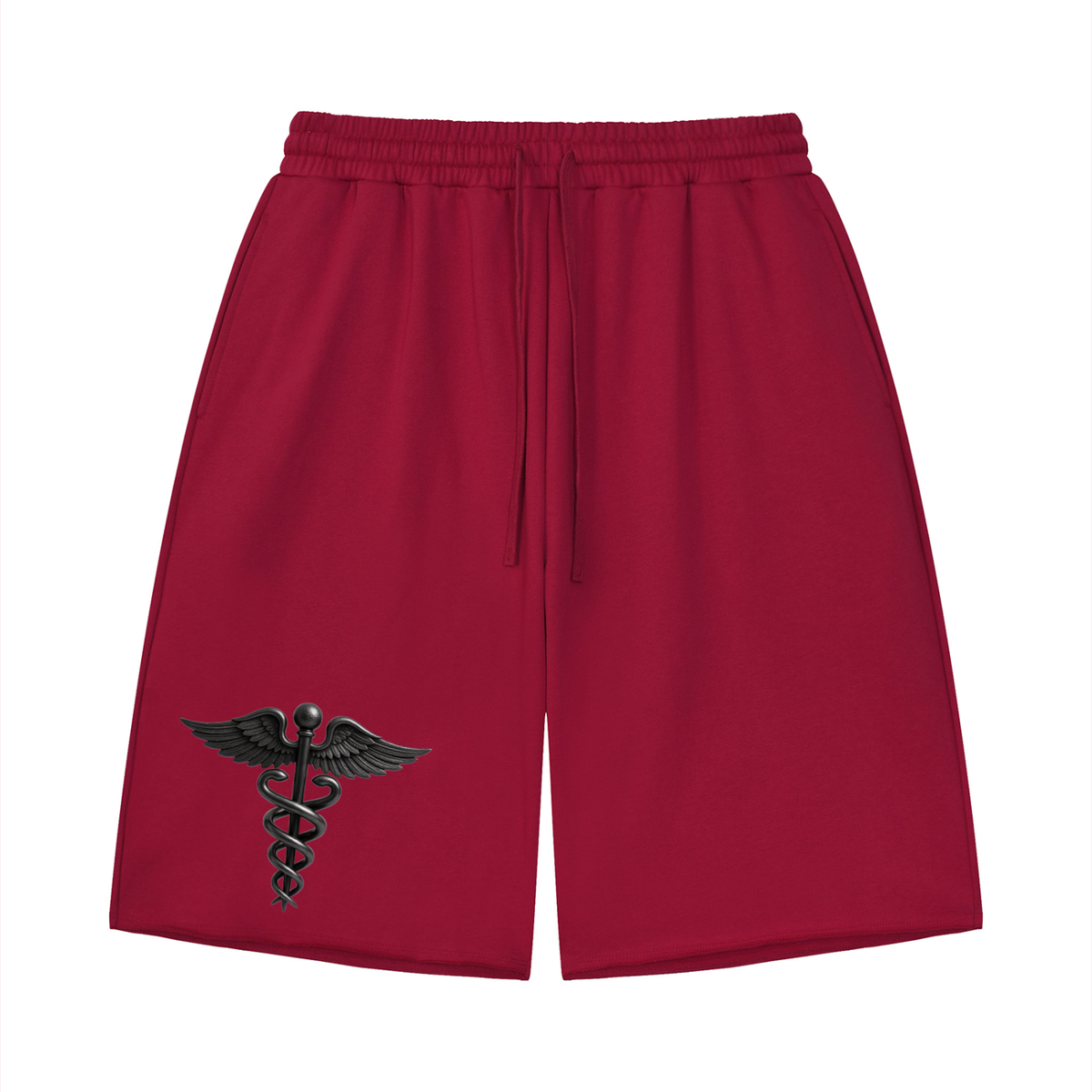 Caduceus unisex loose raw-edge shorts in red, front view