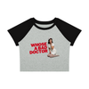 Whose a Bad Doctor? Women's Raglan Crop-Top Tee in flower gray with black sleeves, front view