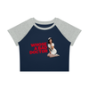 Whose a Bad Doctor? Women's Raglan Crop-Top Tee in navy blue with flower gray sleeves, front view