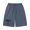 Caduceus unisex loose raw-edge shorts in jeans blue, front view