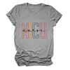 NICU Nurse Colorful Letters T-Shirt in Dark Gray (black font), front view, flat lay on a plain background