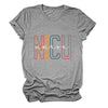 NICU Nurse Colorful Letters T-Shirt in Dark Gray (white font), front view, flat lay on a plain background