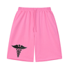 Caduceus unisex loose raw-edge shorts in pink, front view
