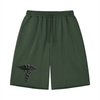 Caduceus unisex loose raw-edge shorts in blackish green, front view