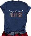Registered Nurse Hearts T-Shirt in Royal Blue, front view on a model, tucked into jeans
