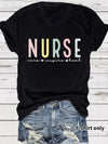 Nurse Care, Inspire, Heal T-Shirt in Black, front view on a model, tucked into denim shorts