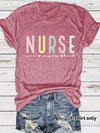 Nurse Care, Inspire, Heal T-Shirt in Dark Red, front view on a model, tucked into denim shorts