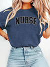 Nurse Collegiate Arch T-Shirt in Royal Blue, NURSE in a collegiate arch across the chest, worn with jeans
