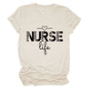 Nurse Life Leopard Heart T-Shirt in Sand (black font), front view, flat lay on a plain background