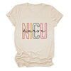 NICU Nurse Colorful Letters T-Shirt in Sand (black font), front view, flat lay on a plain background