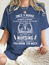 Once a Nurse, Always a Nurse: It's Like the Mafia T-Shirt in Royal Blue, stacked lettering with a caduceus across the chest