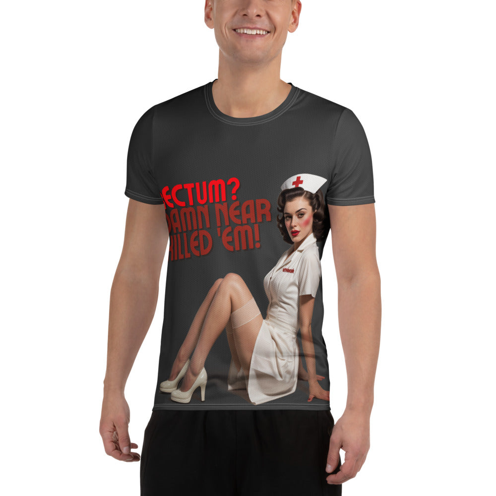 Rectum? Damn Near Killed 'Em! Men's Athletic T-shirt in charcoal, front view on a model