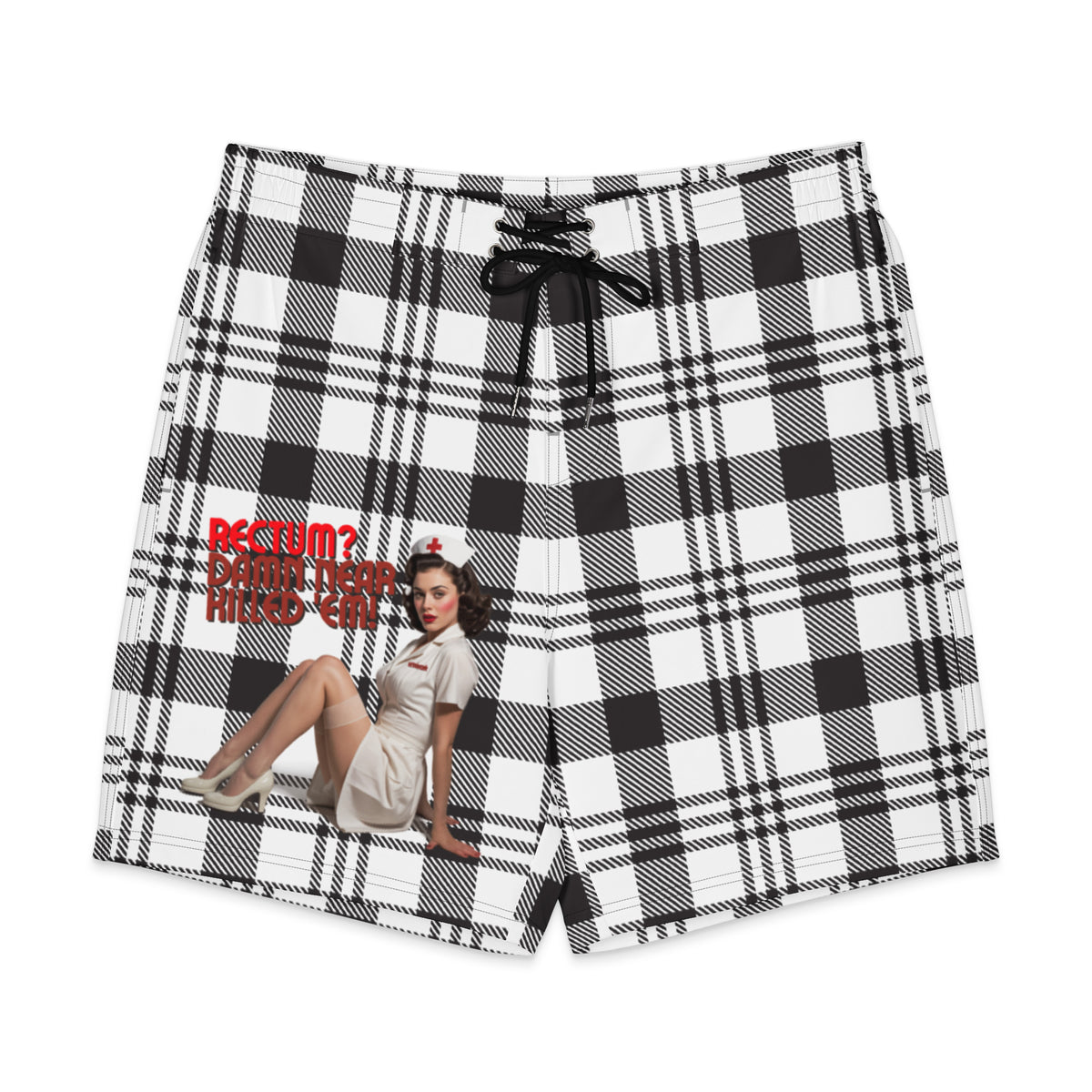 Rectum? Damn Near Killed 'Em! Men's Board Shorts, front view