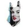 Off-Duty Nurse Pin-Up One-Piece Swimsuit, flat front view of the pin-up face and color-block print