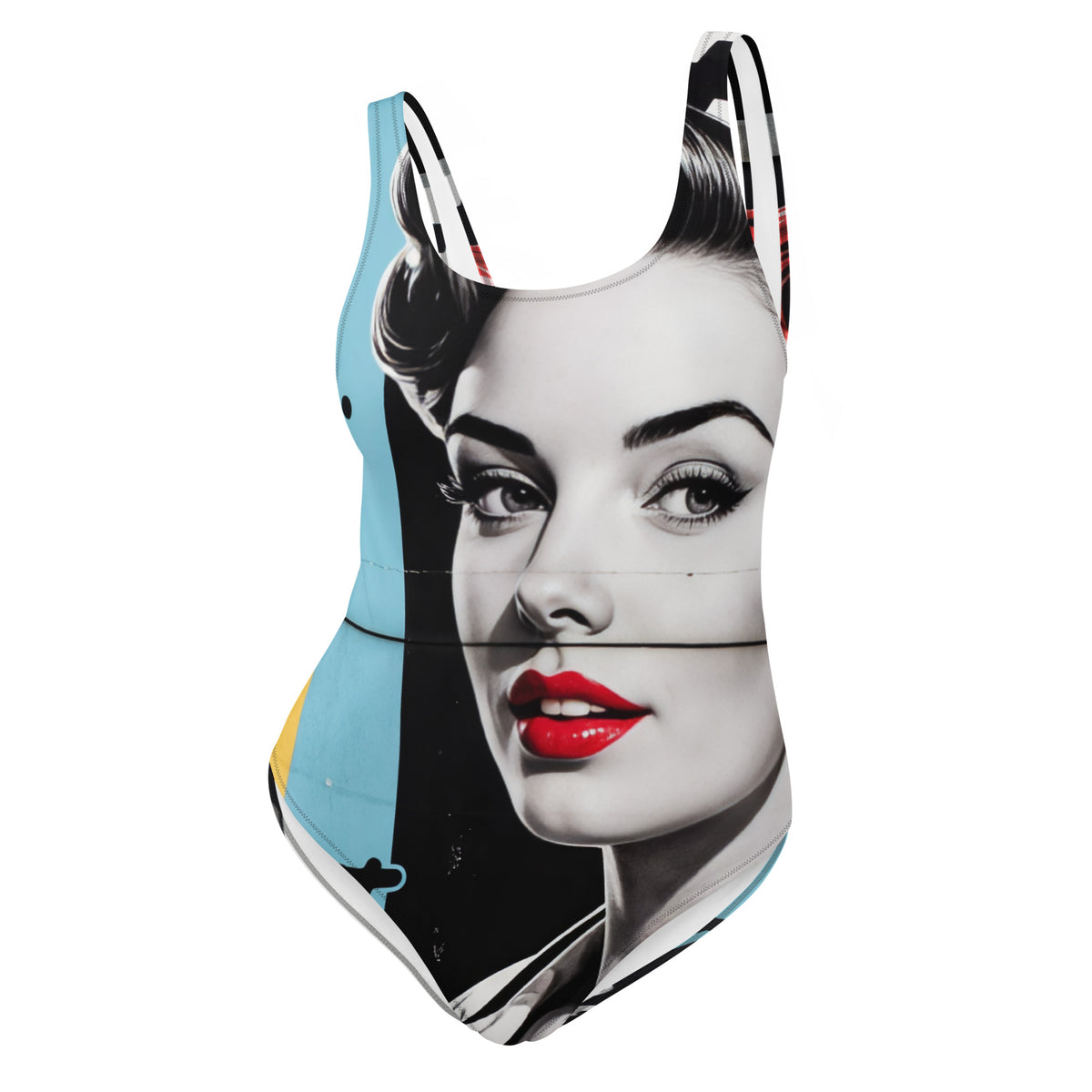Off-Duty Nurse Pin-Up One-Piece Swimsuit, flat front view of the pin-up face and color-block print