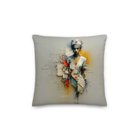 Nurse of Many Layers throw pillow, 14×14 in, front: painted collage of a nurse in a red-cross cap over faded handwriting