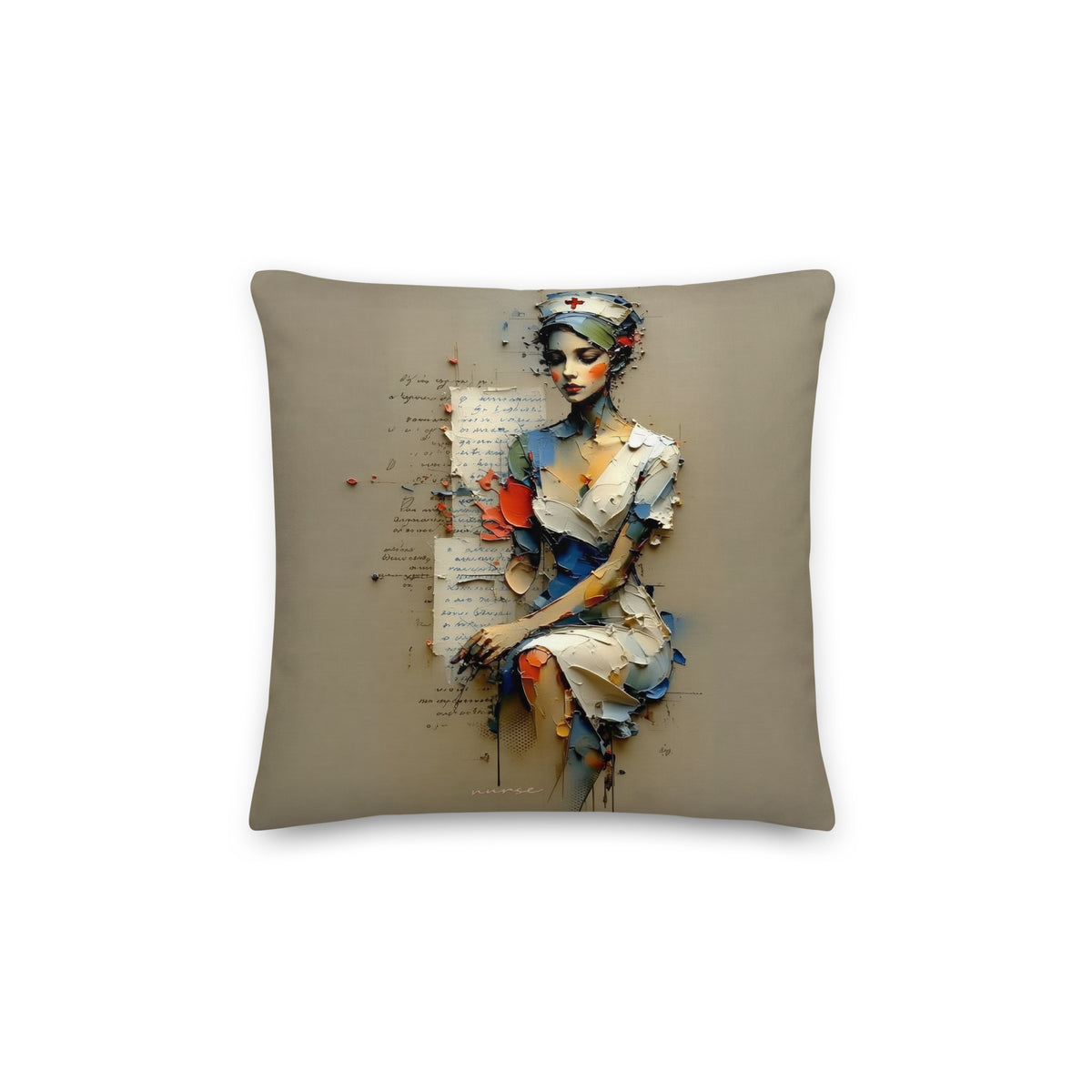 Nurse of Many Layers sitting throw pillow, 14×14 in, front: painted collage of a seated nurse in a red-cross cap over faded handwriting