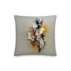 Nurse of Many Layers throw pillow, 16×16 in, front: painted collage of a nurse in a red-cross cap over faded handwriting