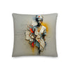 Nurse of Many Layers throw pillow, 18×18 in, front: painted collage of a nurse in a red-cross cap over faded handwriting
