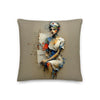 Nurse of Many Layers sitting throw pillow, 18×18 in, front: painted collage of a seated nurse in a red-cross cap over faded handwriting