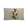 Nurse of Many Layers throw pillow, 20×12 in lumbar, front: painted collage of a nurse in a red-cross cap over faded handwriting