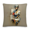 Nurse of Many Layers sitting throw pillow, 22×22 in, front: painted collage of a seated nurse in a red-cross cap over faded handwriting
