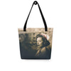 Nurse Nostalgia tote bag with black handles, sepia 1940s nurse portrait printed edge to edge, front view