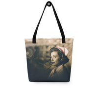 Nurse Nostalgia tote bag with black handles, sepia 1940s nurse portrait printed edge to edge, front view