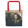 Nurse Nostalgia tote bag with red handles, sepia 1940s nurse portrait, hanging view