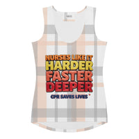 Nurses Like It Harder Faster Deeper, CPR Saves Lives women's fitted tank top, plaid all-over print, front view