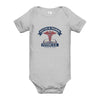 Doctor in Training D.O. baby one-piece bodysuit in athletic heather, front view