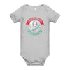Dentist in Training baby one-piece bodysuit in athletic heather, front view, cartoon tooth with a toothbrush between JUST A DENTIST and IN TRAINING banners