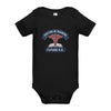 Doctor in Training D.O. baby one-piece bodysuit in black, front view