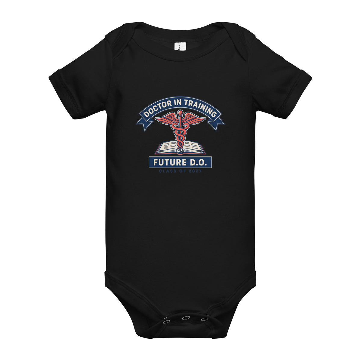 Doctor in Training D.O. baby one-piece bodysuit in black, front view
