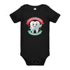 Dentist in Training baby one-piece bodysuit in black, front view, cartoon tooth with a toothbrush between JUST A DENTIST and IN TRAINING banners